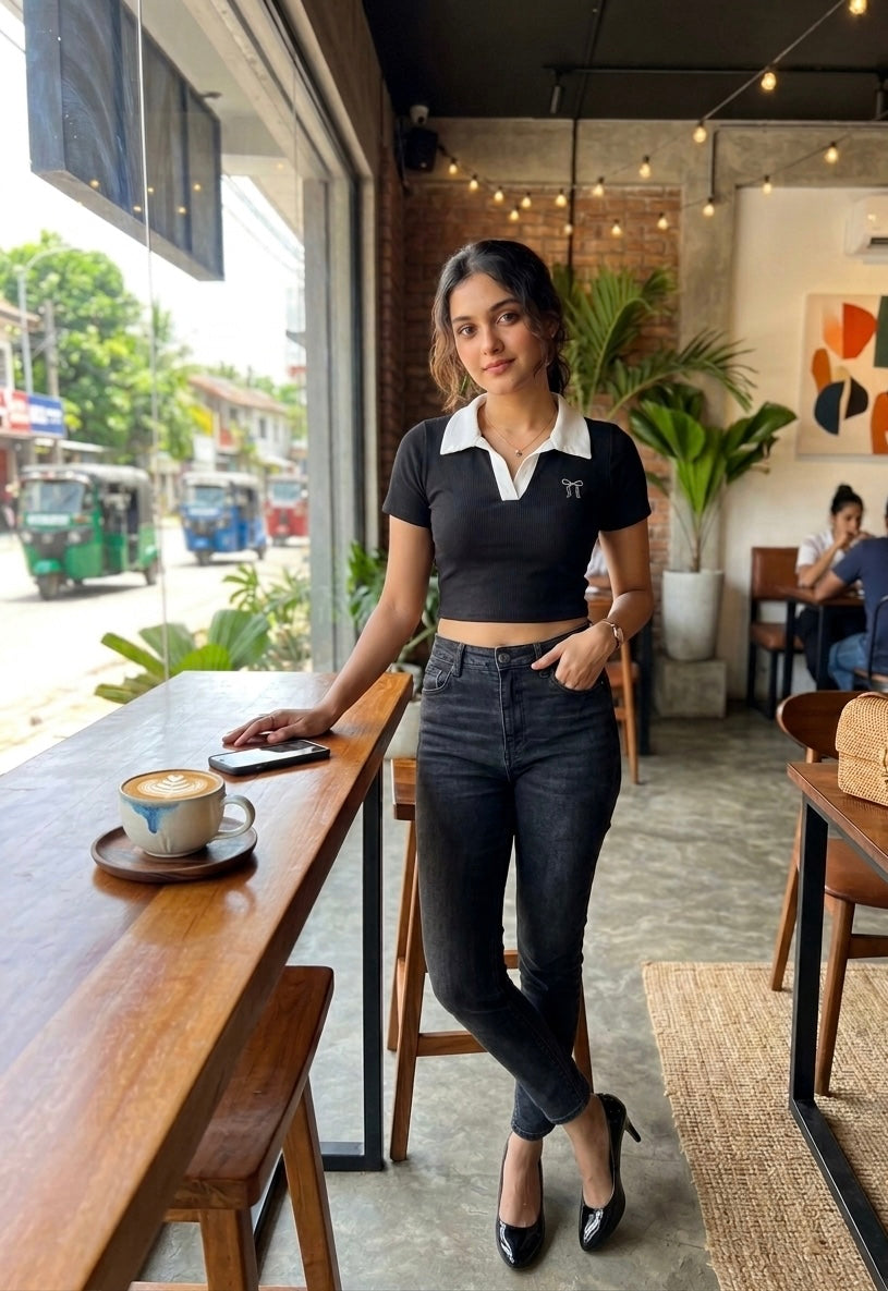 RIBBED EMBROIDERY BOW TOP